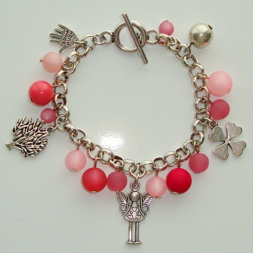 Bracelet en métal argenté : breloques arbre-fée-trèfle, perles polaris "rose", perles ccb.