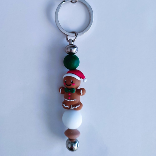 Porte clés métal argenté bonhomme pain d'épice perles silicone