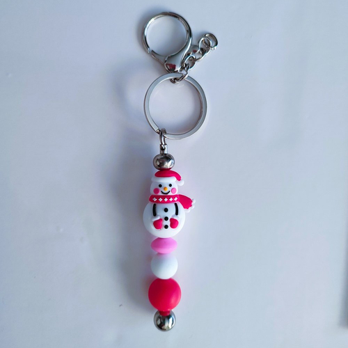 Porte clés métal argenté bonhomme de neige perles silicone