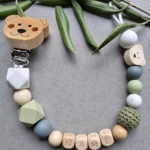 Attache Tetine Bebe En Perle Bois Et Perle Silicone Ton Vert Kaki Motif Ours Un Grand Marche