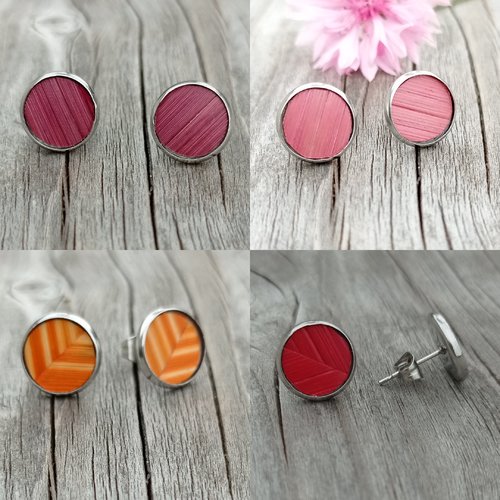 Boucle d'oreille puce sertis en marqueterie de paille