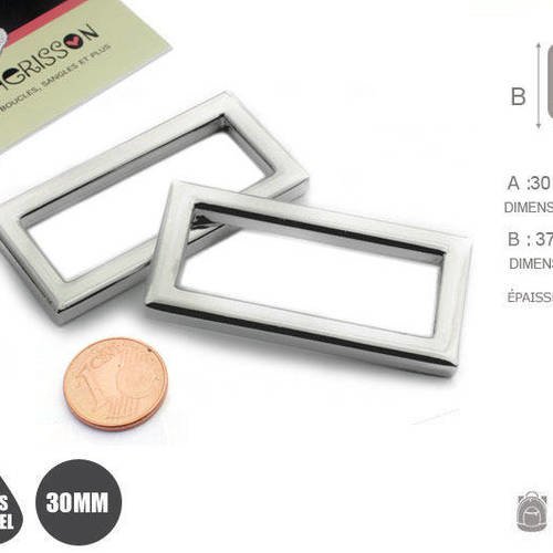 2 x 30mm anneaux rectangulaires / passants simples / métal / nickel / argente 