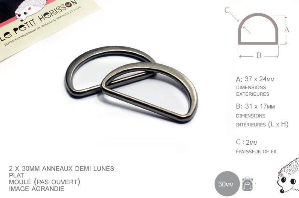 Demi-anneau plat/Anneau en D pour vêtements et accessoires, largeur 20 mm