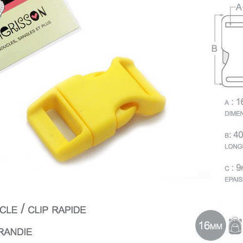 1 x 16mm boucle attache rapide / fermoir clip / plastique / jaune / simple 