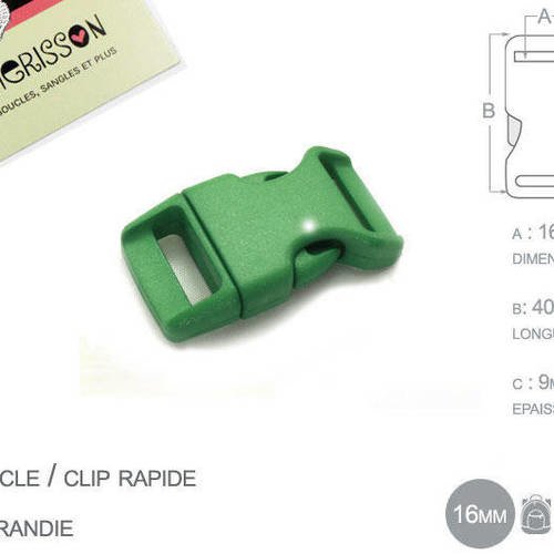 1 x 16mm boucle attache rapide / fermoir clip / plastique / vert / simple 