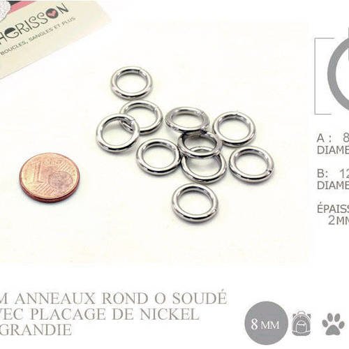 10 x 8mm anneaux ronds / métal / soudé / nickel 