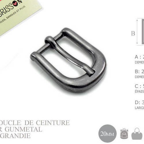 1 x 20mm boucles de ceintures / métal / gunmetal / epais 
