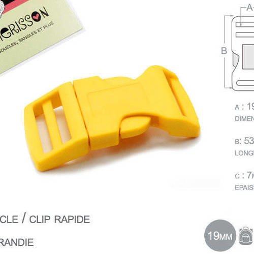 1 x 19mm boucle attache rapide / fermoir clip / plastique / jaune 