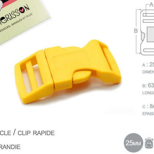 1 x 25mm boucle attache rapide / fermoir clip / plastique / jaune 
