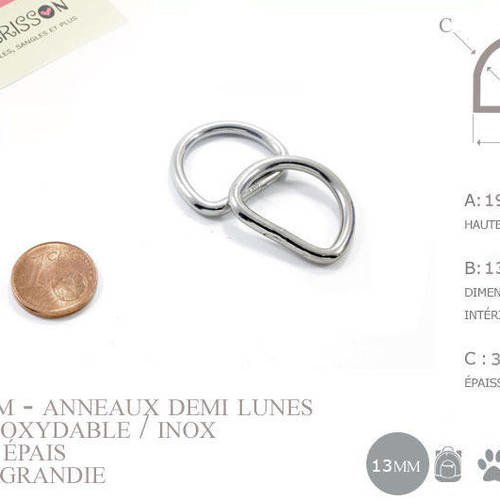 2 x 13mm anneaux demi lunes / inox / soudé / argente 