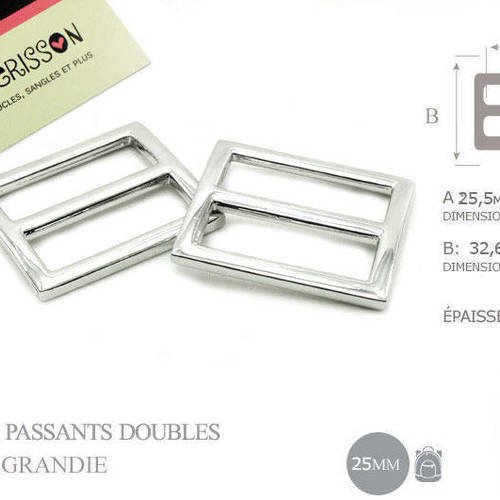 2 x 25mm boucles coulisse / passants doubles / nickel / metal 