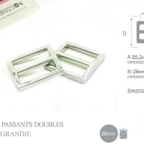 2 x 20mm boucles coulisse / passants doubles / nickel / metal 
