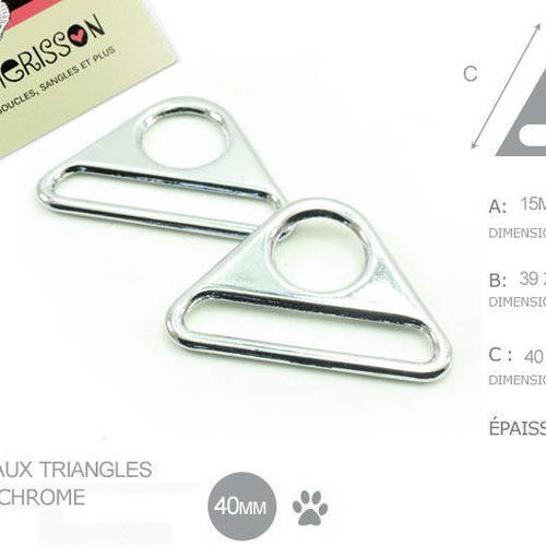 2 x 40mm anneaux triangles - metal - chrome - solide 