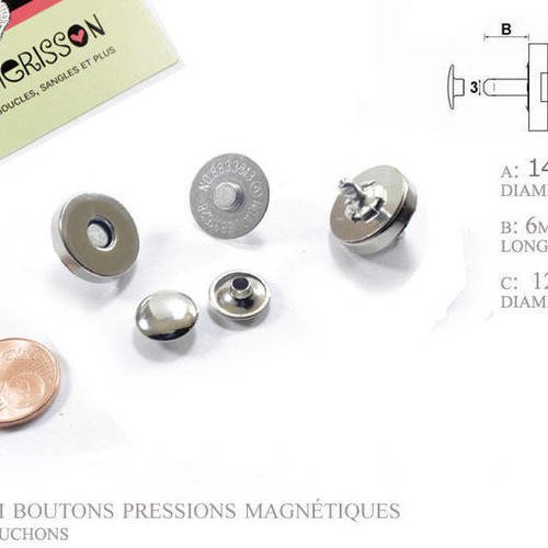 2 x 14mm rivets de fermoir / pressions magnétiques - plaque de nickel 