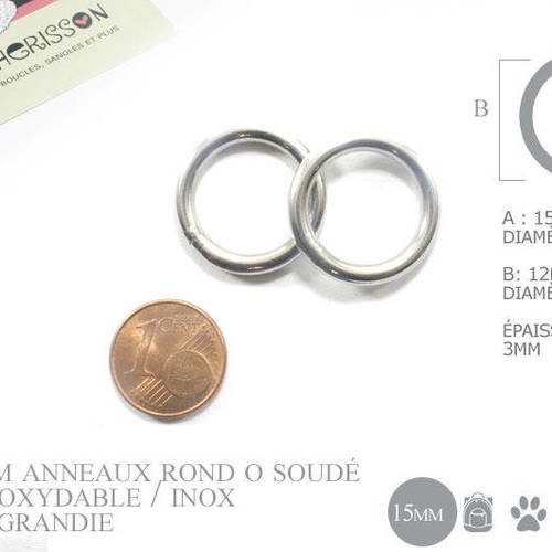2 x 15mm anneaux ronds / inox / soudé / argente 