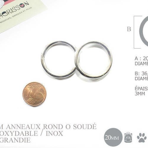 2 x 20mm anneaux ronds / inox / soudé / argente 