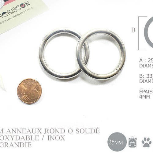 2 x 25mm anneaux ronds / inox / soudé / argente 