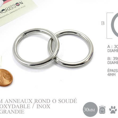 2 x 30mm anneaux ronds / inox / soudé / argente 