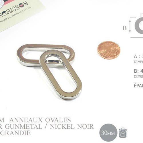 2 x 30mm anneaux ovales / métal / argente / nickel