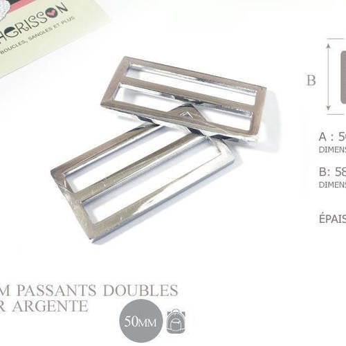 2 x 50mm boucles coulisse / passants doubles / metal / argente / style 3
