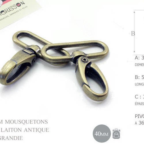 2 x 40mm mousquetons pivotants / métal / bronze / style 3