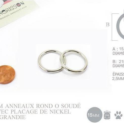 2 x 15mm anneaux ronds / métal / soudé / nickel 