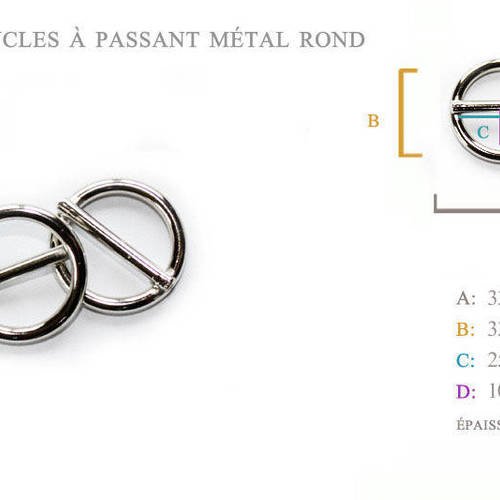 2 x 25mm boucles coulisse / passants doubles / métal / rond / nickel