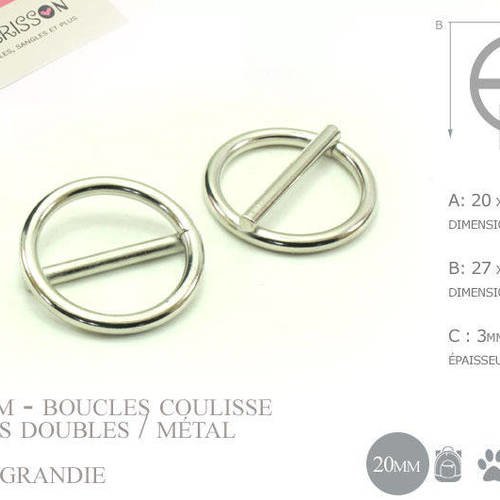 2 x 20mm boucles coulisse / passants doubles / métal / rond / nickel 