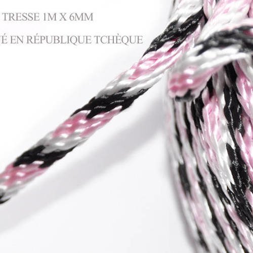 1m x 6mm - motif rose noir blanc - cordon tresse  - 18 fils 