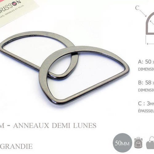 2 x 50mm anneaux demi lunes / metal /  moulé / plat / gunmetal 