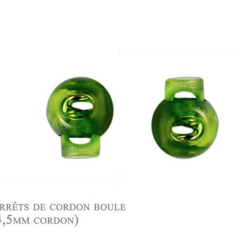 2 arrêts de cordon - vert translucide - boule (3-4,5mm cordon) 