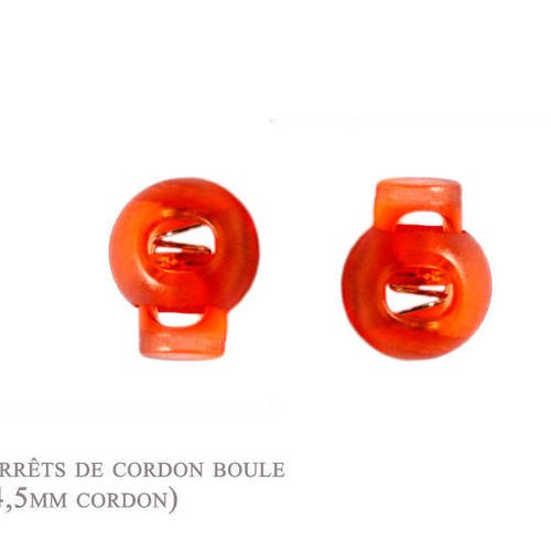 2 arrêts de cordon - orange  translucide - boule  (3-4,5mm cordon) 