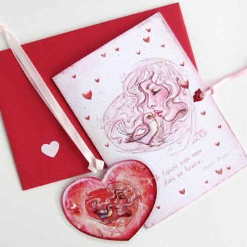 Carte saint-valentin et marque-page "coeur d'oiseau" - passion
