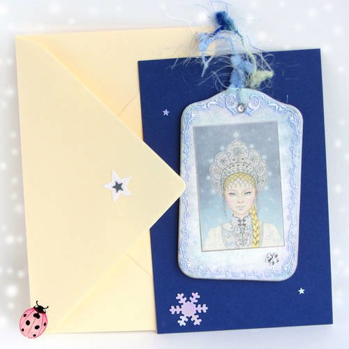 Mini carte de voeux avec tag - snégourotchka, la fille de neige "strass fleur" 