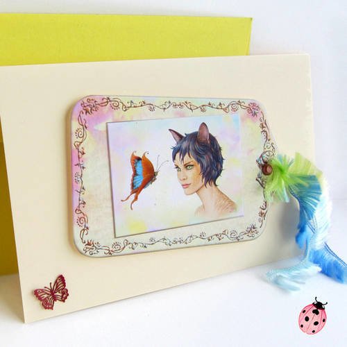 Mini carte de voeux avec tag - myrina, la féline papillon "papillon dentelle" 