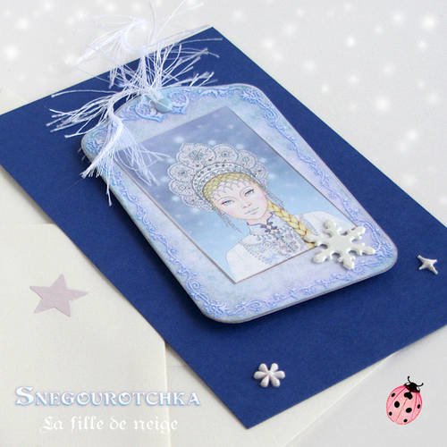 Mini carte de voeux avec tag - snégourotchka, la fille de neige "étoile et flocon" 