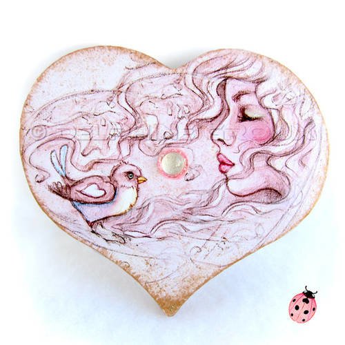 Mini tableau mural décoratif en bois "coeur d'oiseau - bulle de rêve"