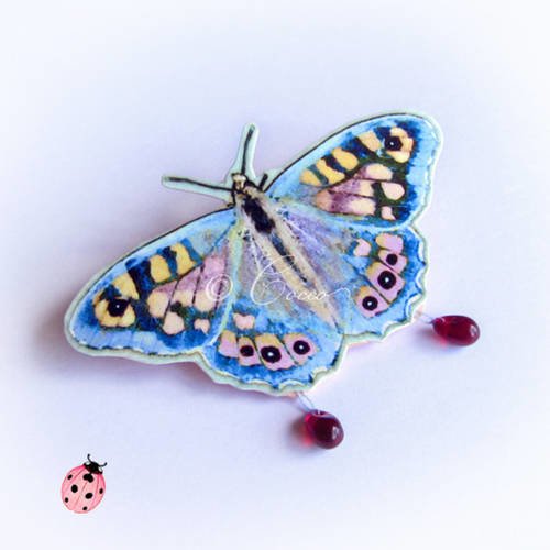 Broche féerique "le papillon bleu crépusculaire d'alissandre" - en papier vernis et perles "mini-goutte"