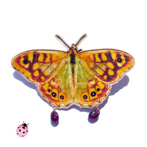 Broche féerique "le papillon jaune vénitien d'alissandre" - en papier vernis et perles "mini-goutte"