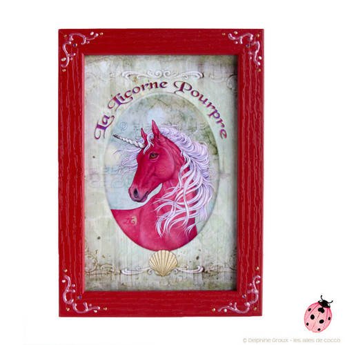 Cadre bois rouge : illustration encadrée "la licorne pourpre - arabesques" 