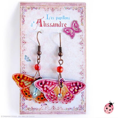 Boucles d'oreilles cuivrées "grand papillon" en papier vernis - " roux flamboyant et rose framboise"