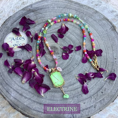 Collier d’été flashy, multicolore, avec pendentif en cristal vert fluo « electrine »