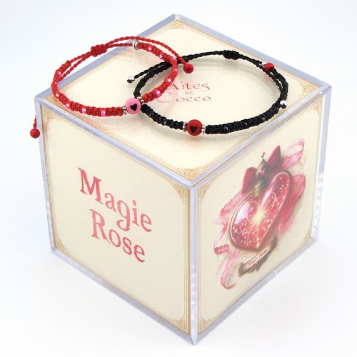 Bracelets couple saint valentin en macramé rouge et noir " magie rose » n°2