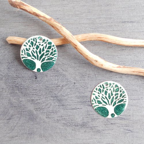 X2 sequins émaillés arbre de vie ivoire et vert foncé