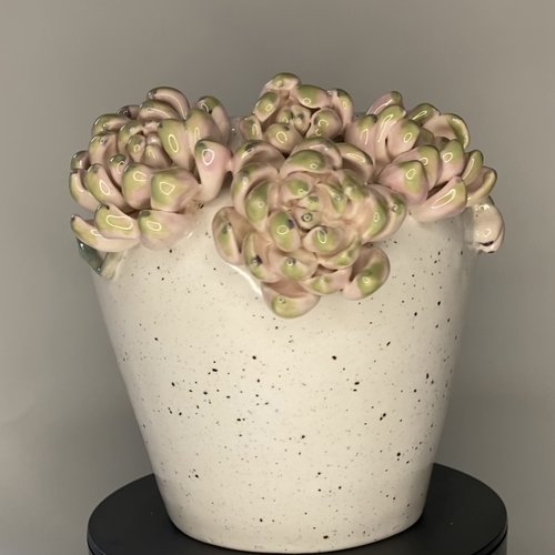 Vase épaulé, faïence décorée, relief de succulentes rosées