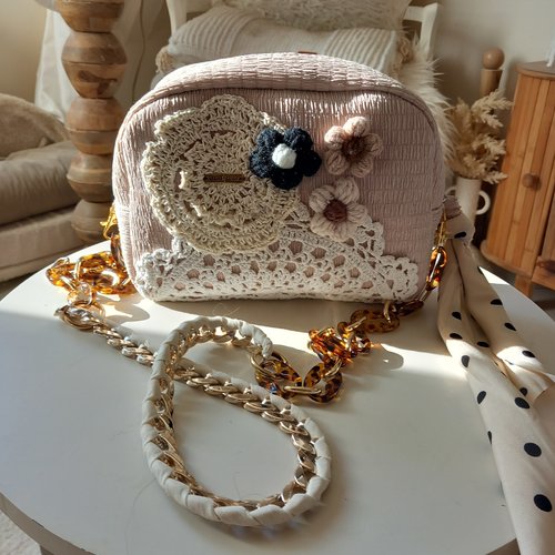 Sac besace ruban beige a pois noirs
