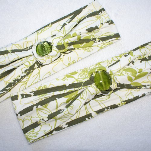Bandeau jersey à rayures vert et blanc cassé imprimé de petites feuilles