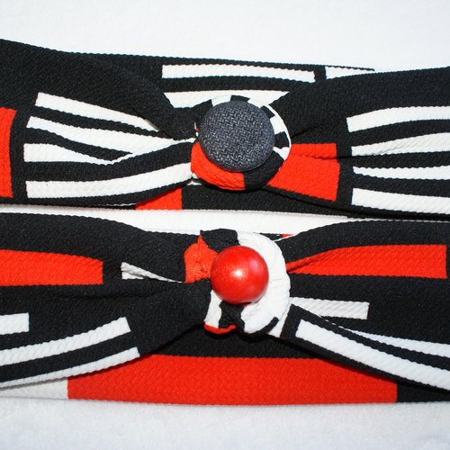 Bandeau jersey gauffré imprimé geometique et rayé  rectangulaire noir rouge et blanc