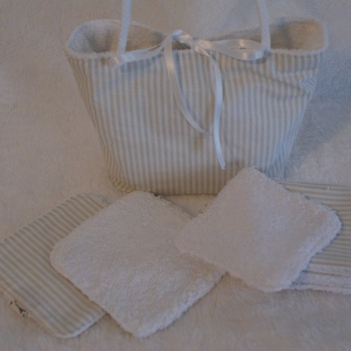 Sac et linguettes reutilisables tissu coton mini rayures grises et blanches