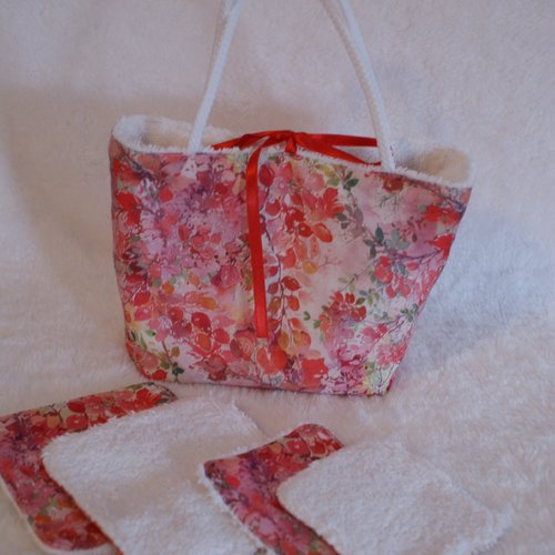 Sac et linguettes reutilisables tissu coton imprimé rouge feuilles d'automne